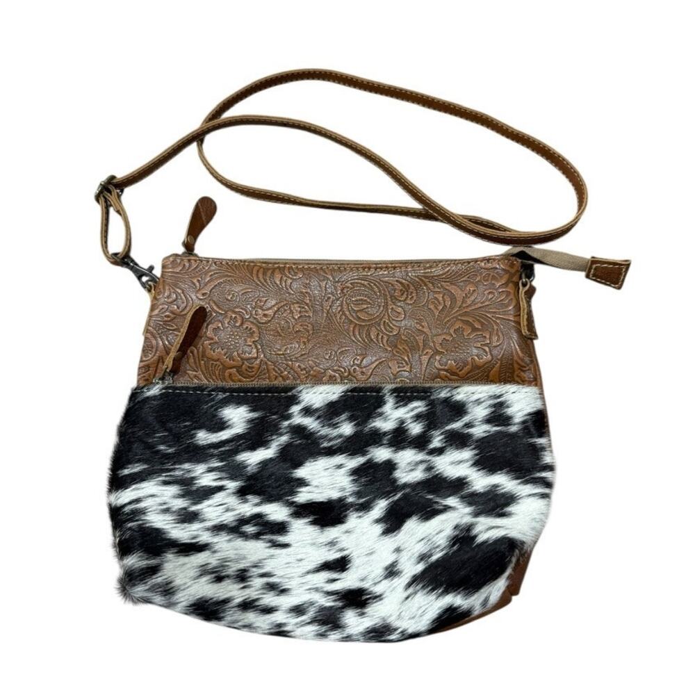 MYRA Leather Western Cow Hair Animal Print Crossbody Bag Tooled Leather - Picture 1 of 7